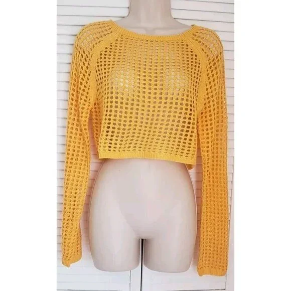 NEW LOVE TREE PASTEL ORANGE OPEN KNIT LONG SLEEVE CROP TOP SZ MEDIUM - Picture 1 of 5